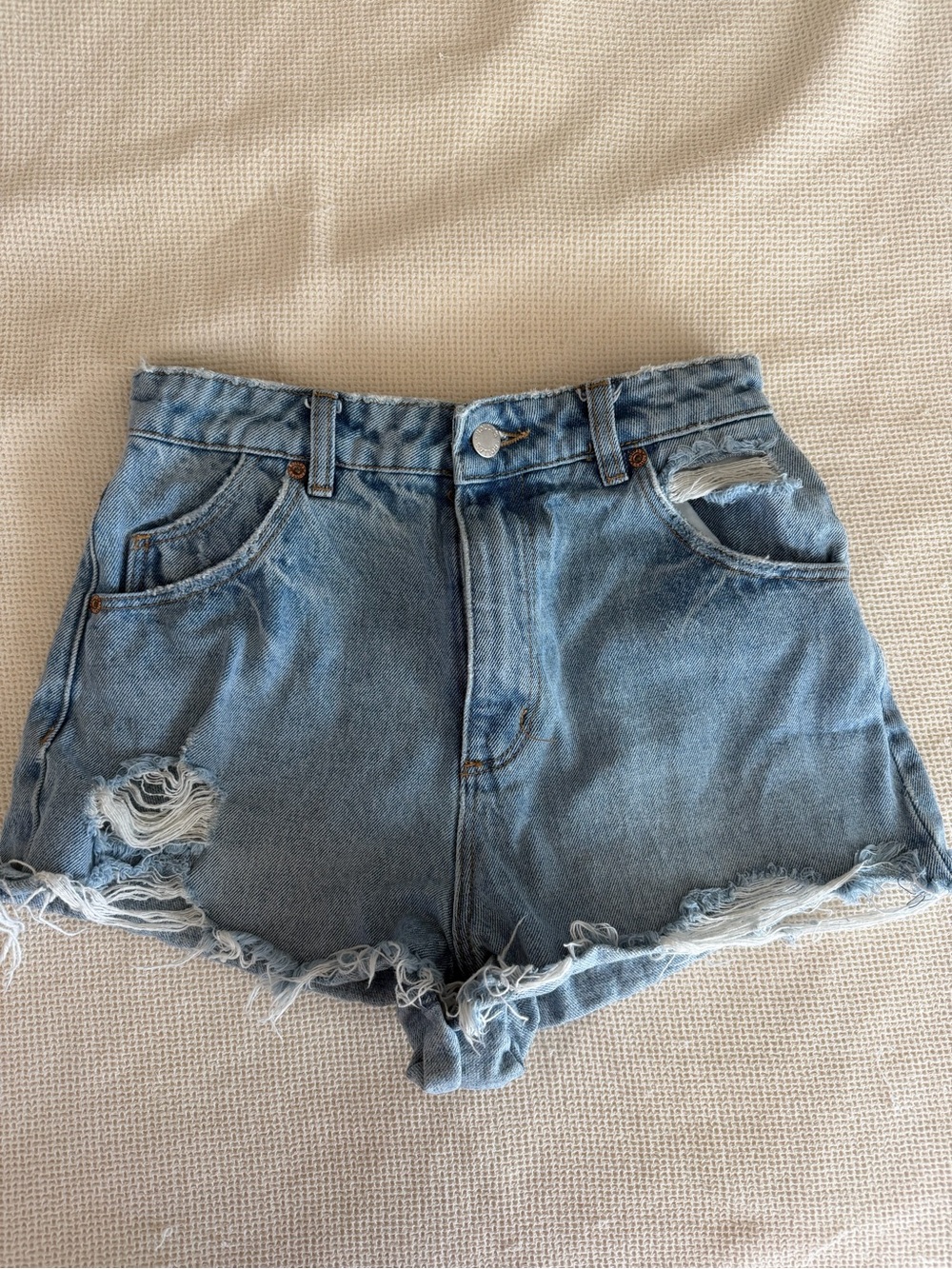 Rolla’s High Rise Dusters Destroyed Light Wash Denim Cutoff Shorts - Picture 3 of 7